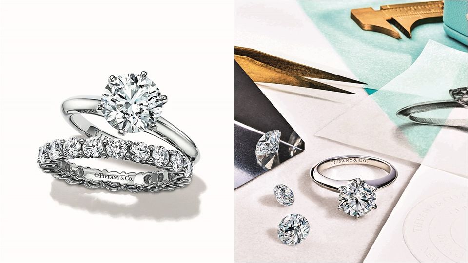 (上至下) The-Tiffany-Setting-鉑金六爪鑽戒-主石0.18克拉起，NT$50,000起，鉑金鑽戒-價格店洽
