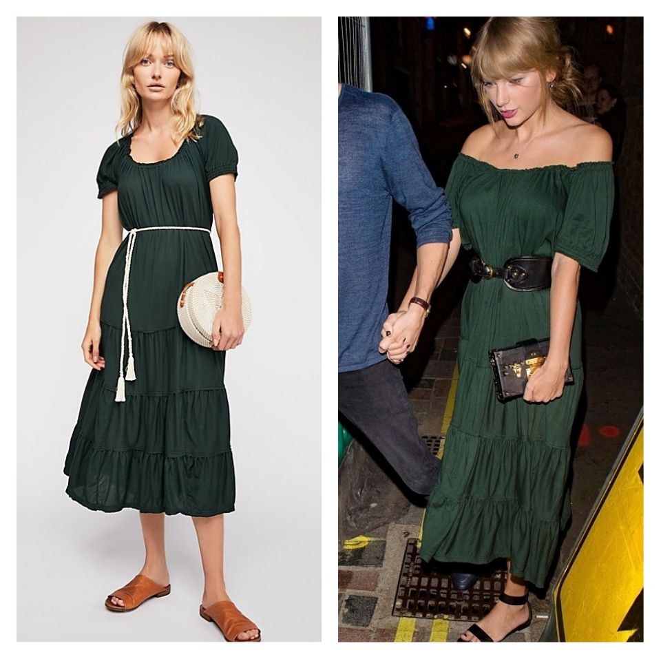 泰勒絲嬌羞與男友漫步在倫敦街頭，墨綠色平口洋裝仙氣逼人！