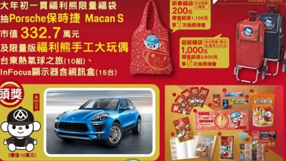 2019全聯福袋抽「332萬保時捷」！還有50吋4K電視等多項好禮，全台限量11萬袋！