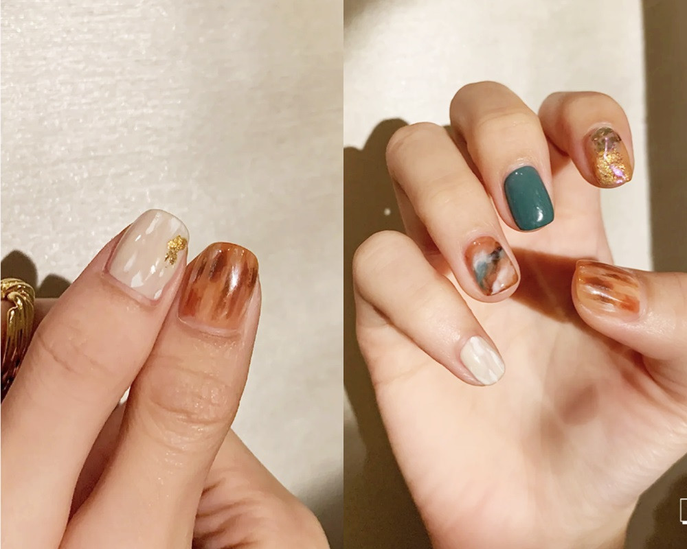 2020秋冬栗棕色美甲推薦5：栗棕色X海洋藍