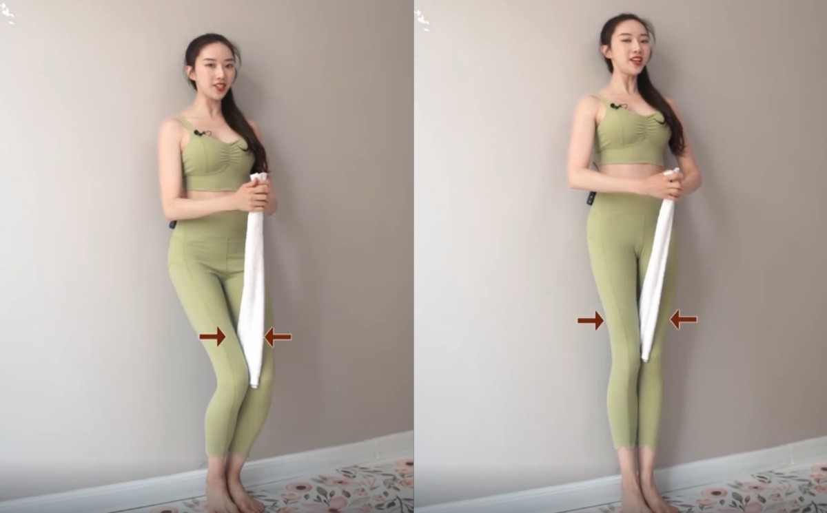 瘦大腿運動3：夾毛巾貼牆蹲
