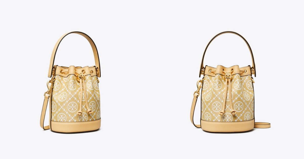 12.Tory Burch T Monogram 緹花拉菲草迷你水桶包,NT$21,900