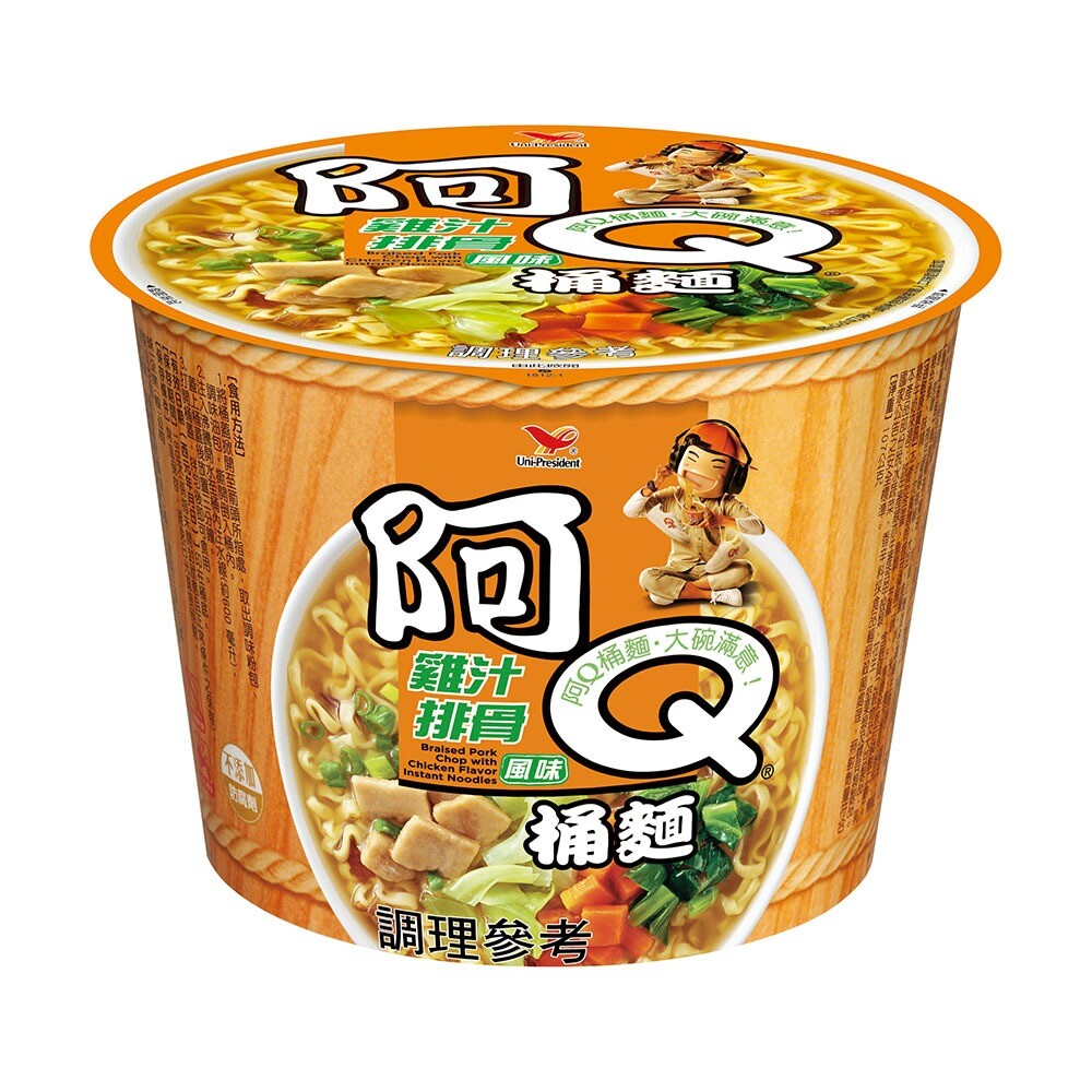 統一阿Q雞汁排骨桶麵份量十足,為台灣熱銷泡麵第七名