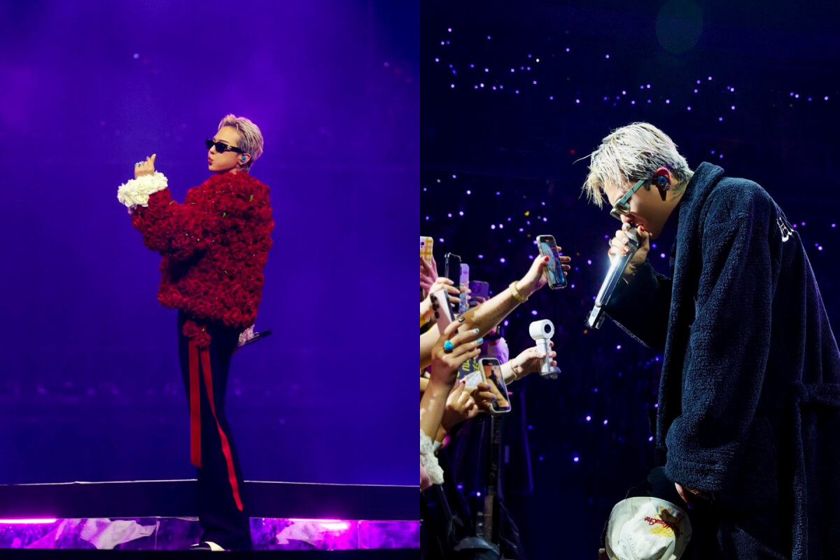G-Dragon 權志龍演唱會花絮照，身穿開場紅色玫瑰外套與演唱會週邊浴袍，閉著眼睛，展現沉思的帥氣模樣